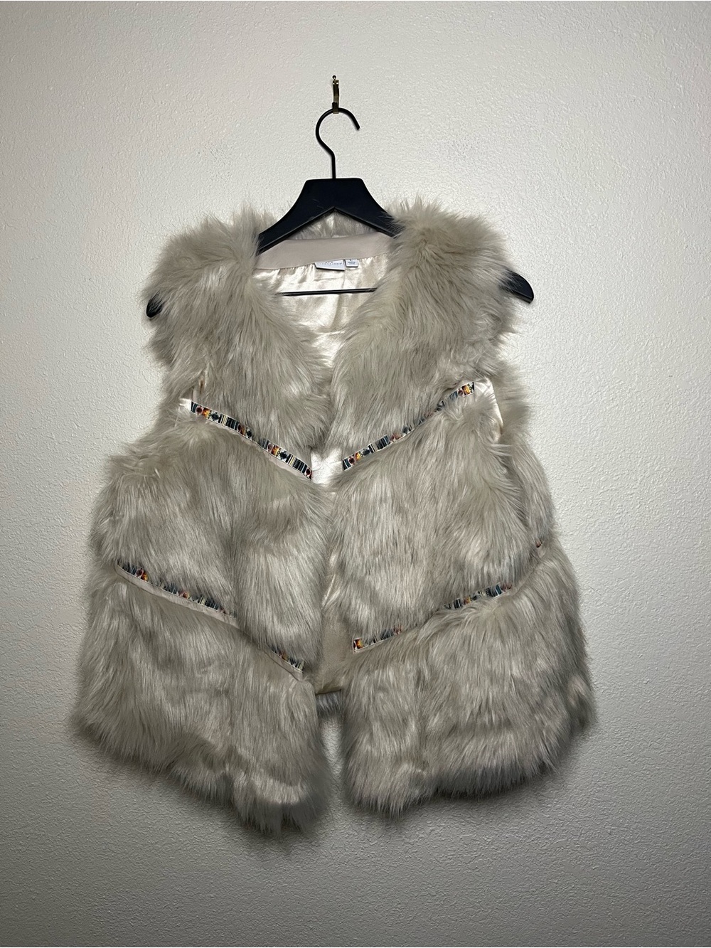 new directions Boho Festival Faux Fur Vest in Light Gray with Trim